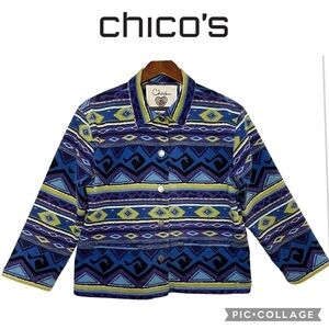 Chicos Anniversary Collection Southwestern Aztec Denim Jacket Size 2 or L